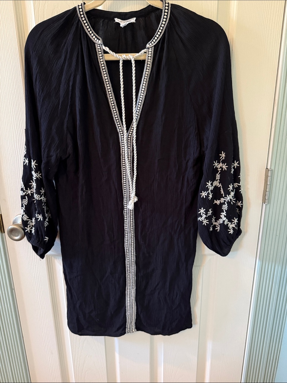 Black Embroidered Boho Tunic with Contrast Trim